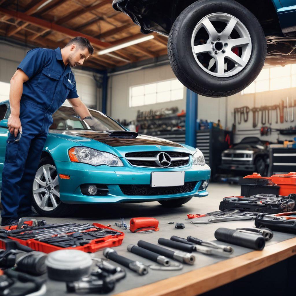 A mechanic engaging in a thorough inspection of a car, surrounded by tools and parts, with a backdrop of an organized garage filled with various automotive equipment. Include a close-up of sophisticated diagnostic tools and repair manuals to emphasize the guide aspect. The scene should convey a sense of professionalism and attention to detail, capturing the essence of automotive care. super-realistic. vibrant colors. detailed background.