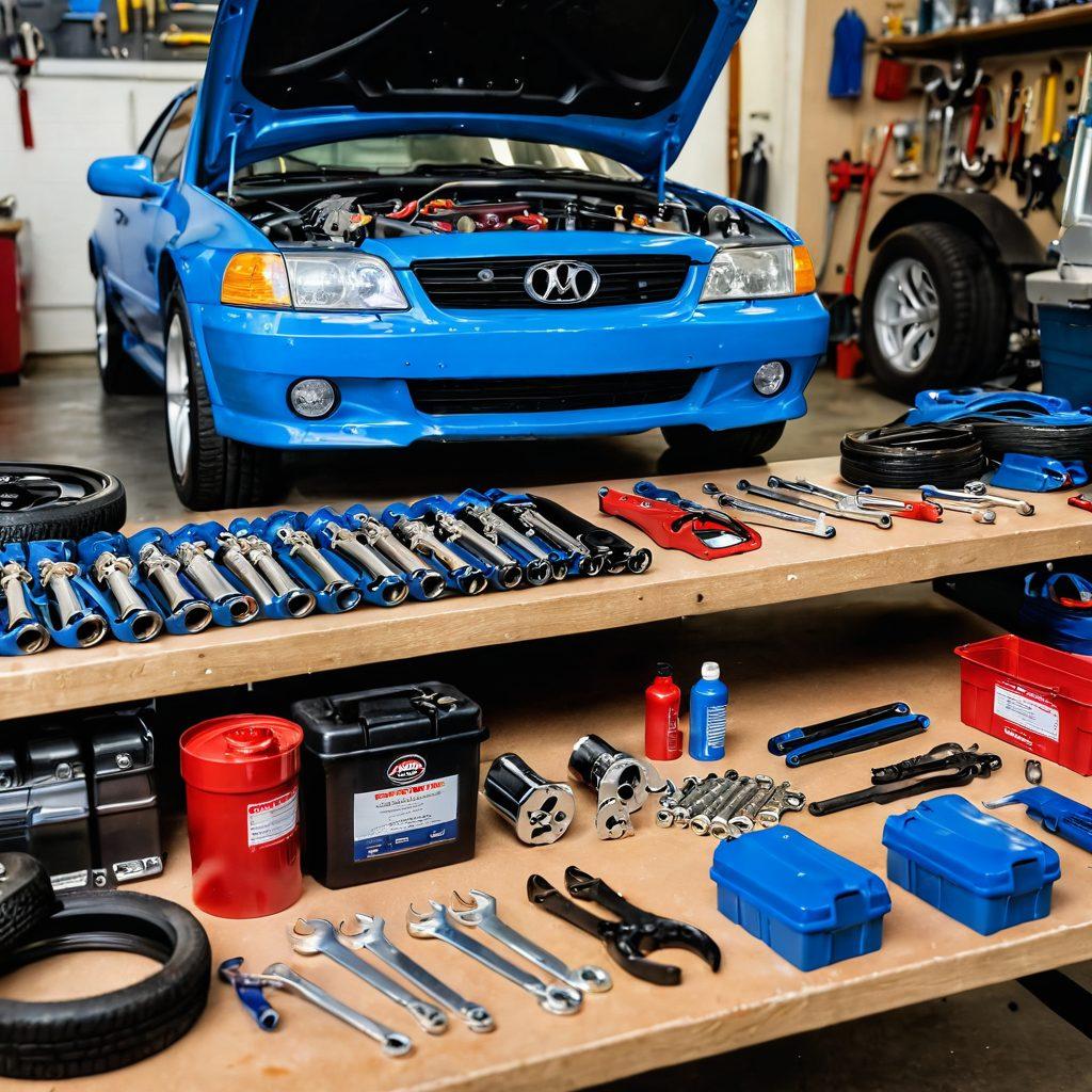A well-organized garage with various car maintenance tools like wrenches, oil cans, and tire gauges laid out on a workbench. In the foreground, a mechanic is inspecting an engine while a blueprint of car maintenance techniques is visible in the background. The scene should exude a sense of professionalism and expertise in auto care. vibrant colors. super-realistic. white background.