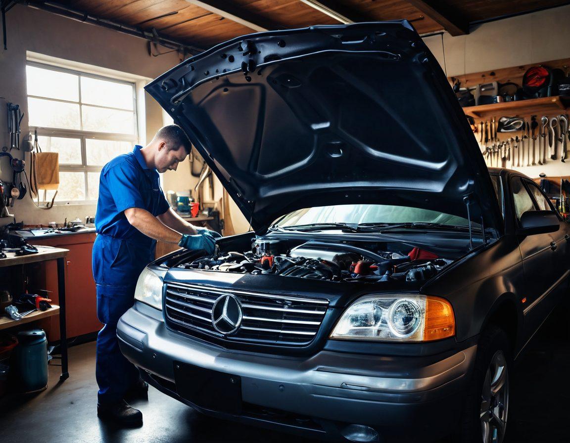 A mechanic diligently working on a car engine inside a well-lit garage, surrounded by various automotive tools and spare parts, accompanied by a checklist of quality car services on a table. Include a radiant sunlight streaming through the garage's windows, highlighting the attention to detail in the car maintenance. The mechanic should exhibit a focused expression, adding an element of professionalism and care. super-realistic. vibrant colors.